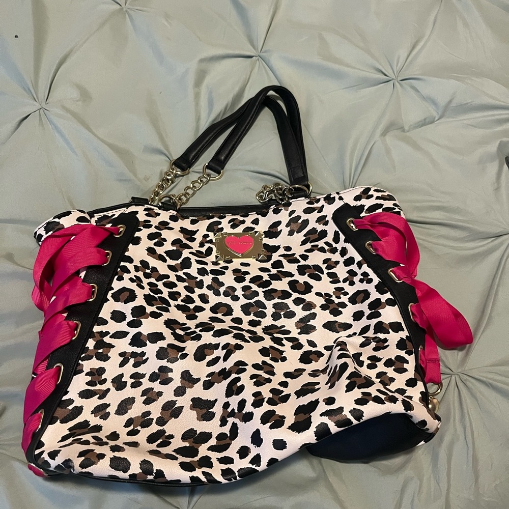 Betsey Johnson Leopard Print Tote with Pink and Black Accents